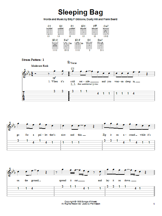 ZZ Top Sleeping Bag sheet music notes and chords arranged for Piano, Vocal & Guitar Chords (Right-Hand Melody)