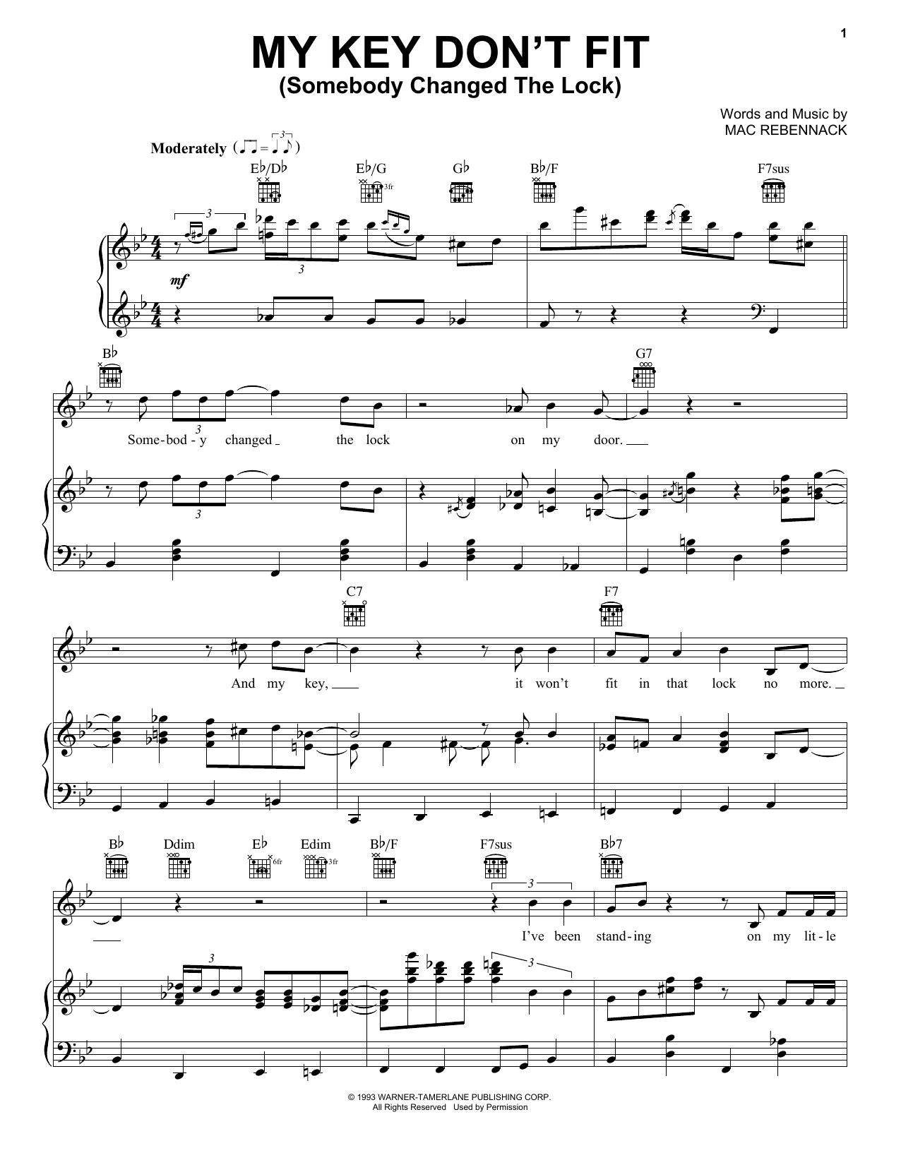 Learn to play Dr. John My Key Don't Fit (Somebody Changed The Lock) sheet music for Piano, Vocal & Guitar Chords (Right-Hand Melody) in minutes. Price: 7.8900$ Dr. John My Key Don't Fit (Somebody Changed The Lock) sheet music notes and chords arranged for Piano, Vocal & Guitar Chords (Right-Hand Melody)