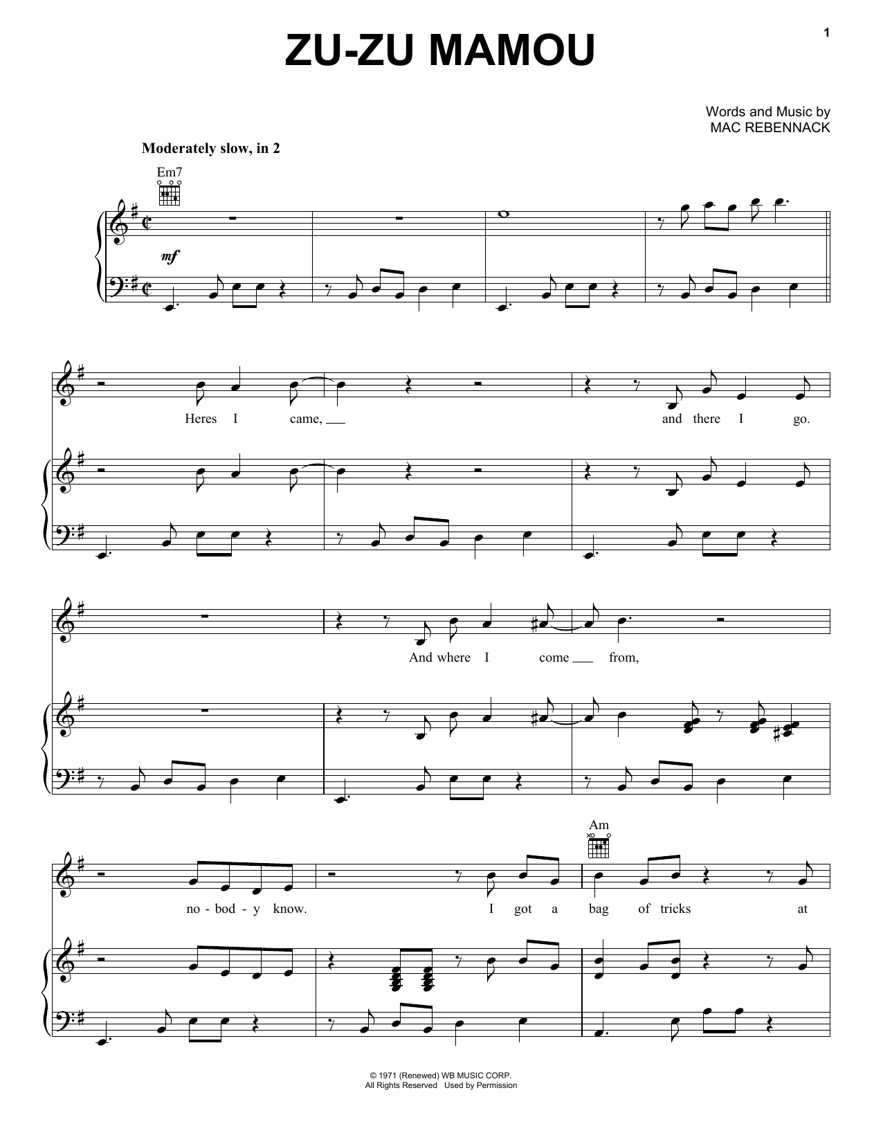 Dr. John Zu-Zu Mamou sheet music notes and chords. Download Printable PDF.