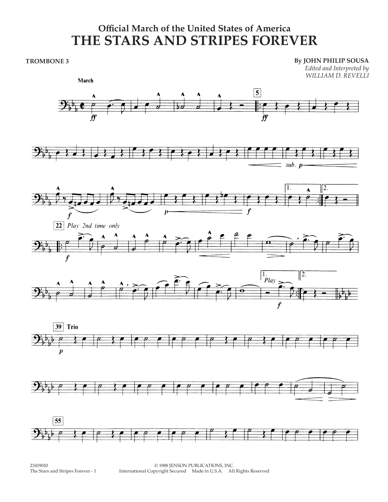 Dr William D Revelli The Stars And Stripes Forever Trombone 3 Sheet Music Pdf Notes Chords Patriotic Score Concert Band Download Printable Sku 350043