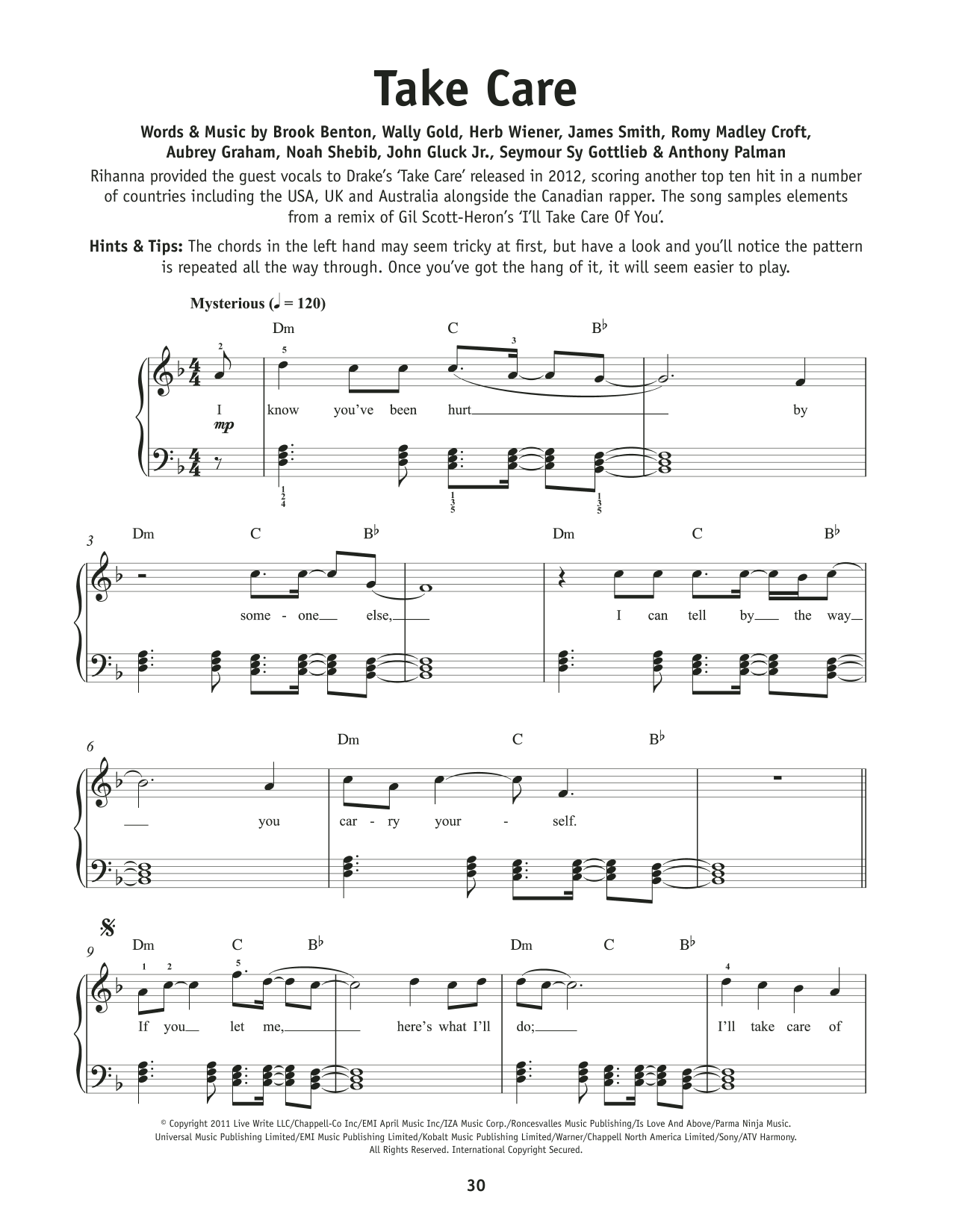 Drake and Rihanna Take Care sheet music notes and chords. Download Printable PDF.