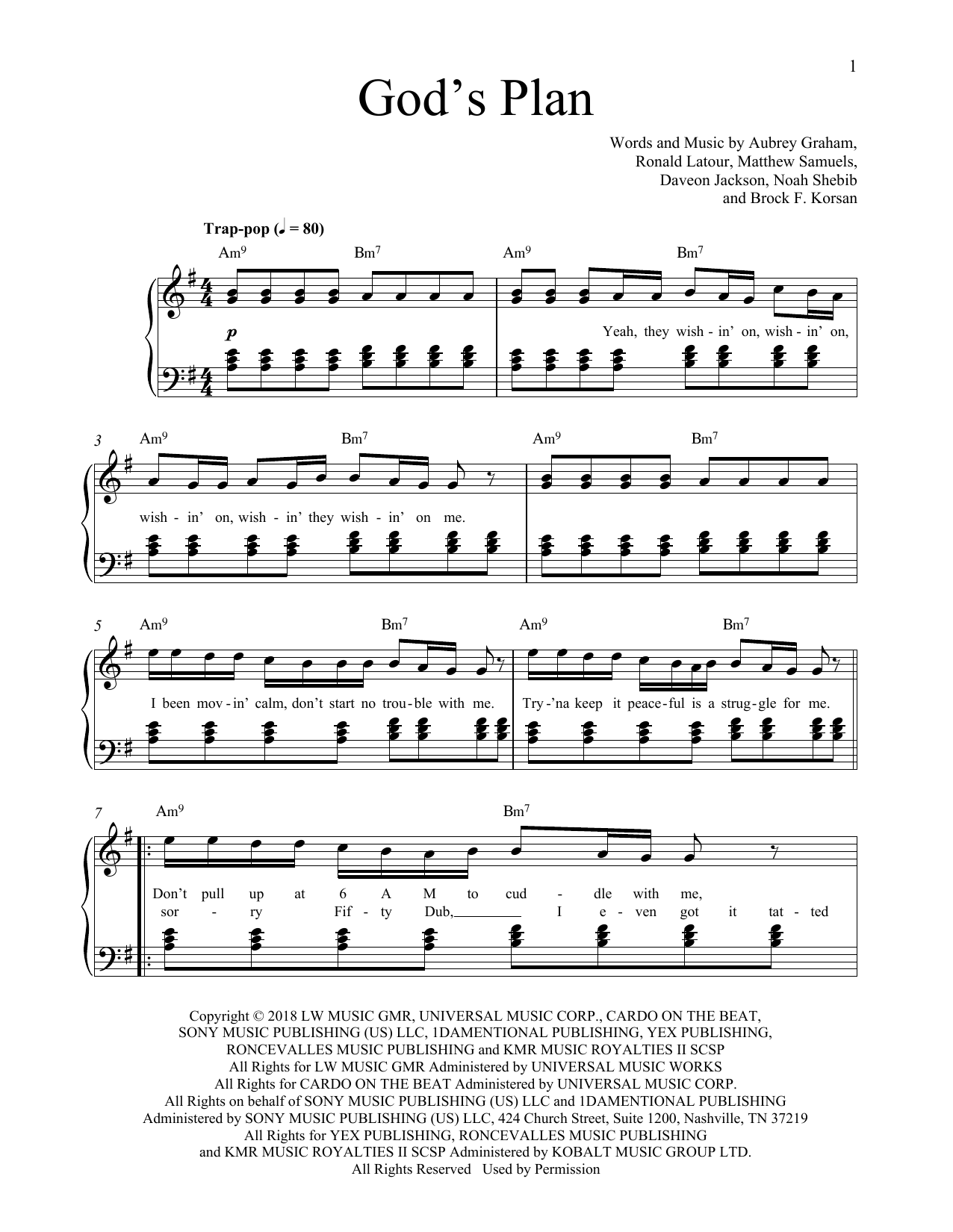 Drake God's Plan sheet music notes and chords. Download Printable PDF.