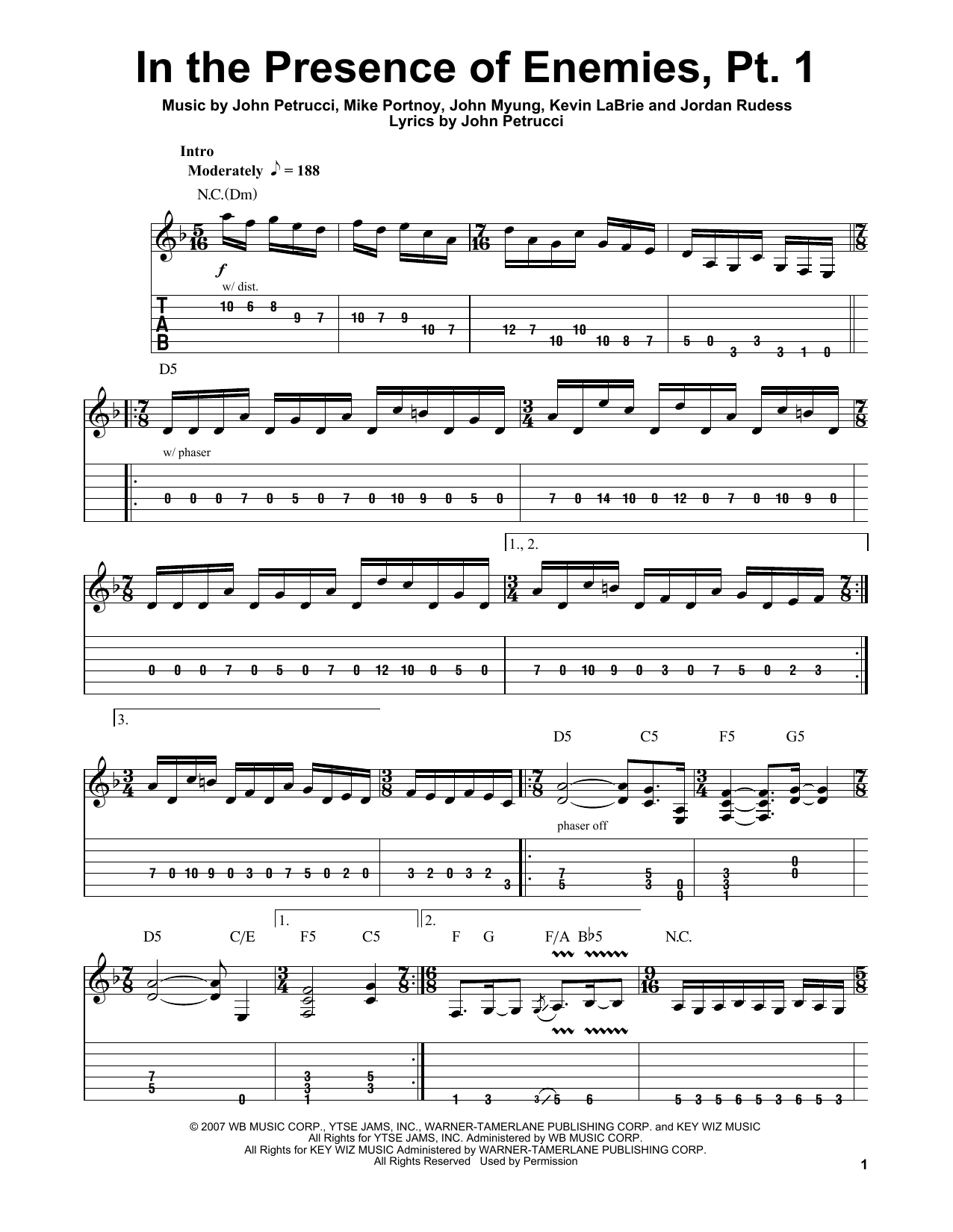 Dream Theater In The Presence Of Enemies - Part 1 sheet music notes and chords. Download Printable PDF.
