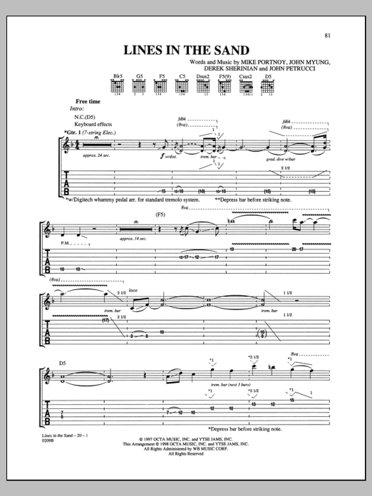 Learn to play Dream Theater Lines In The Sand sheet music for Guitar Tab in minutes. Dream Theater Lines In The Sand sheet music notes and chords. Download Printable PDF.