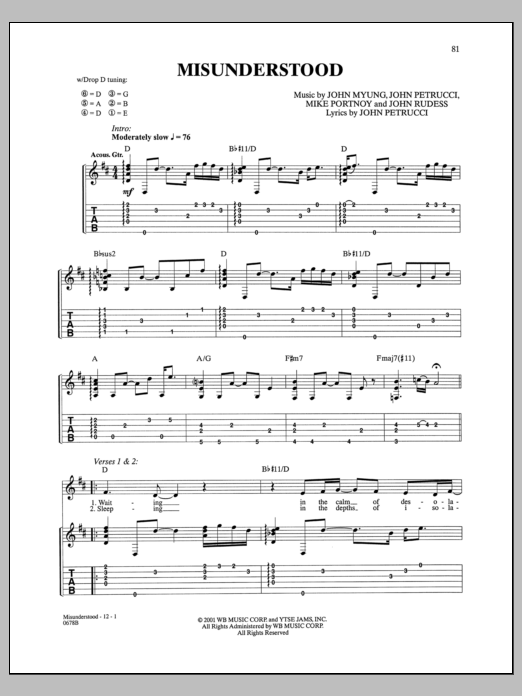 Dream Theater Misunderstood sheet music notes and chords. Download Printable PDF.