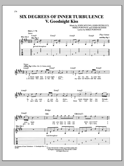 Learn to play Dream Theater Six Degrees Of Inner Turbulence: V. Goodnight Kiss sheet music for Guitar Tab in minutes. Dream Theater Six Degrees Of Inner Turbulence: V. Goodnight Kiss sheet music notes and chords. Download Printable PDF.