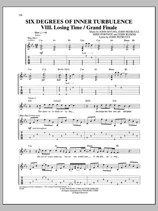 Learn to play Dream Theater Six Degrees Of Inner Turbulence: VIII. Losing Time/Grand Finale sheet music for Guitar Tab in minutes. Dream Theater Six Degrees Of Inner Turbulence: VIII. Losing Time/Grand Finale sheet music notes and chords. Download Printable PDF.