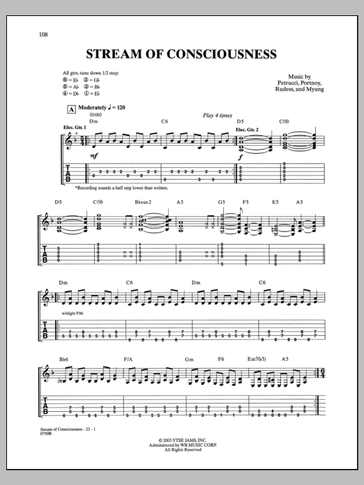 Dream Theater Stream Of Consciousness sheet music notes and chords. Download Printable PDF.