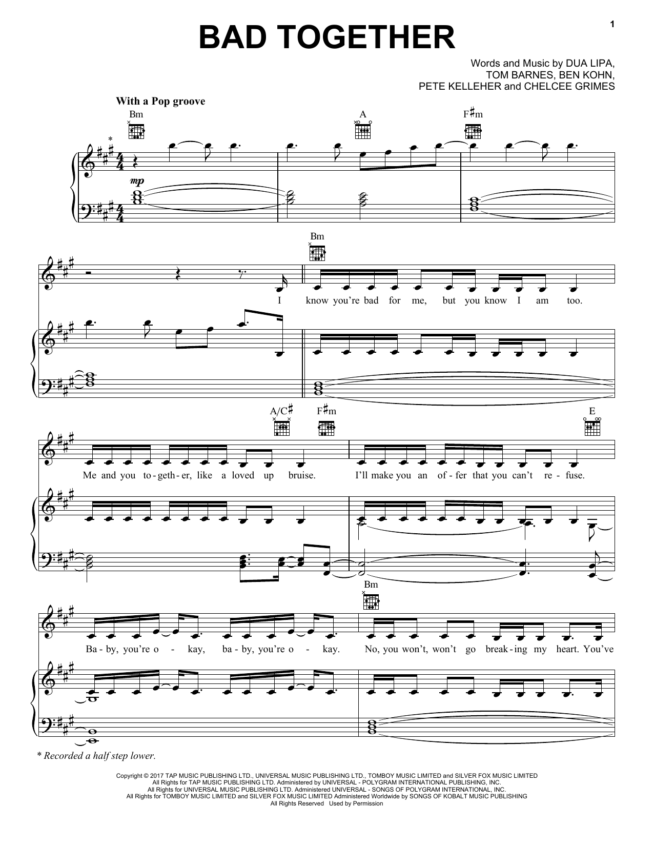 Learn to play Dua Lipa Bad Together sheet music for Piano, Vocal & Guitar Chords (Right-Hand Melody) in minutes. Price: 7.8900$ Dua Lipa Bad Together sheet music notes and chords arranged for Piano, Vocal & Guitar Chords (Right-Hand Melody)