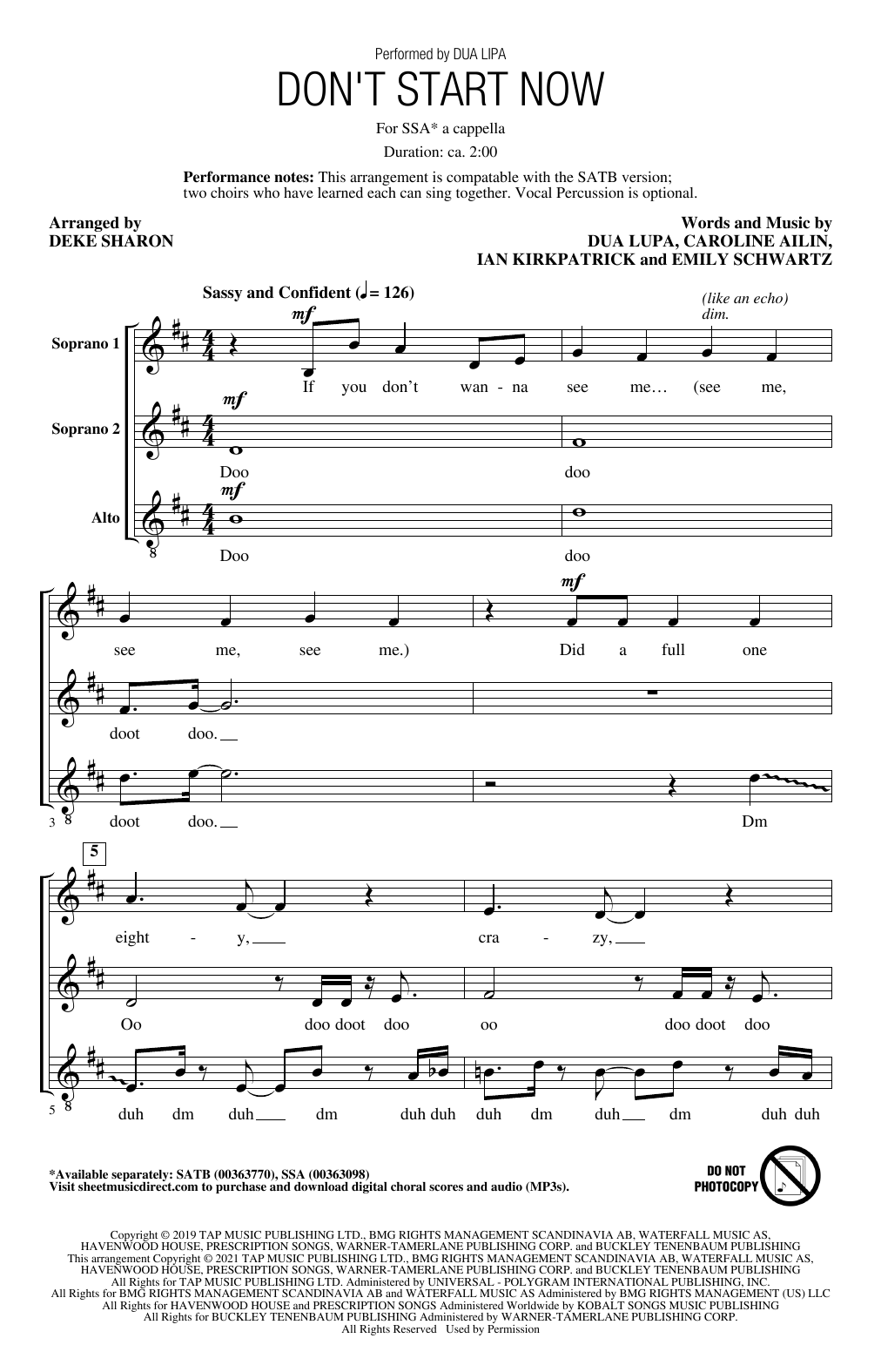 Learn to play Dua Lipa Don't Start Now (arr. Deke Sharon) sheet music for SATB Choir in minutes. Price: 3.9900$ Dua Lipa Don't Start Now (arr. Deke Sharon) sheet music notes and chords arranged for SATB Choir