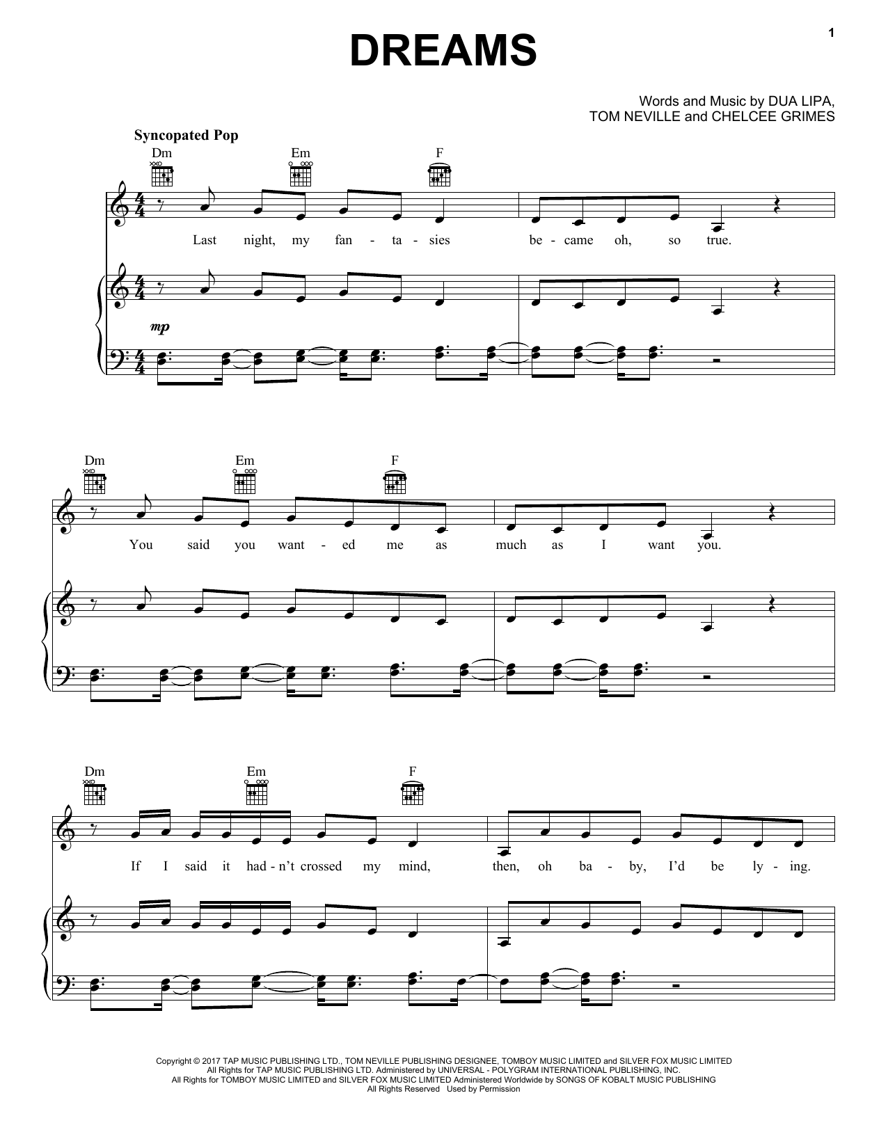 Dua Lipa Dreams sheet music notes and chords. Download Printable PDF.