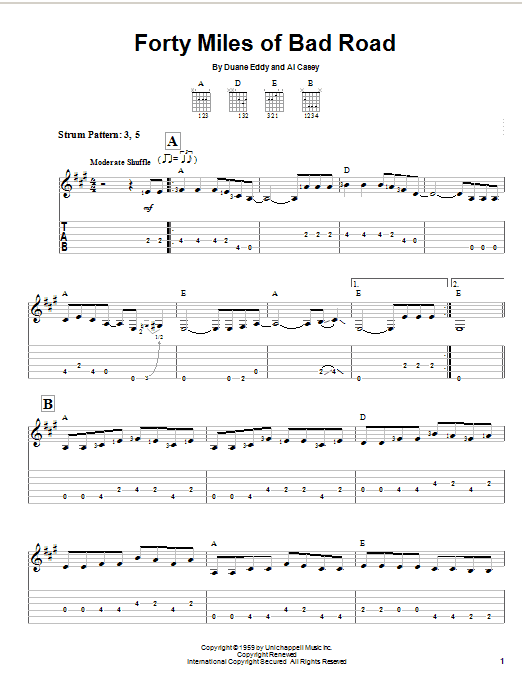 Learn to play Duane Eddy Forty Miles Of Bad Road sheet music for Easy Guitar Tab in minutes. Duane Eddy Forty Miles Of Bad Road sheet music notes and chords