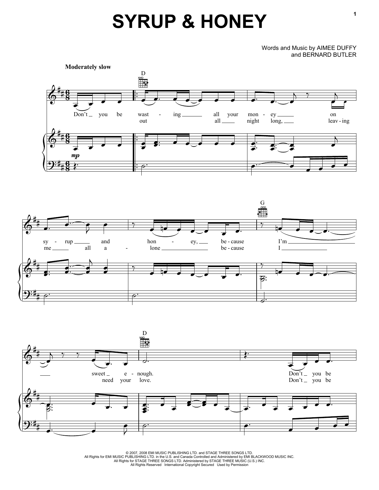 Duffy Syrup & Honey sheet music notes and chords. Download Printable PDF.