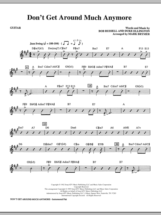 Learn to play Mark Brymer Don't Get Around Much Anymore - Guitar sheet music for Choir Instrumental Pak in minutes. Mark Brymer Don't Get Around Much Anymore - Guitar sheet music notes and chords. Download Printable PDF.