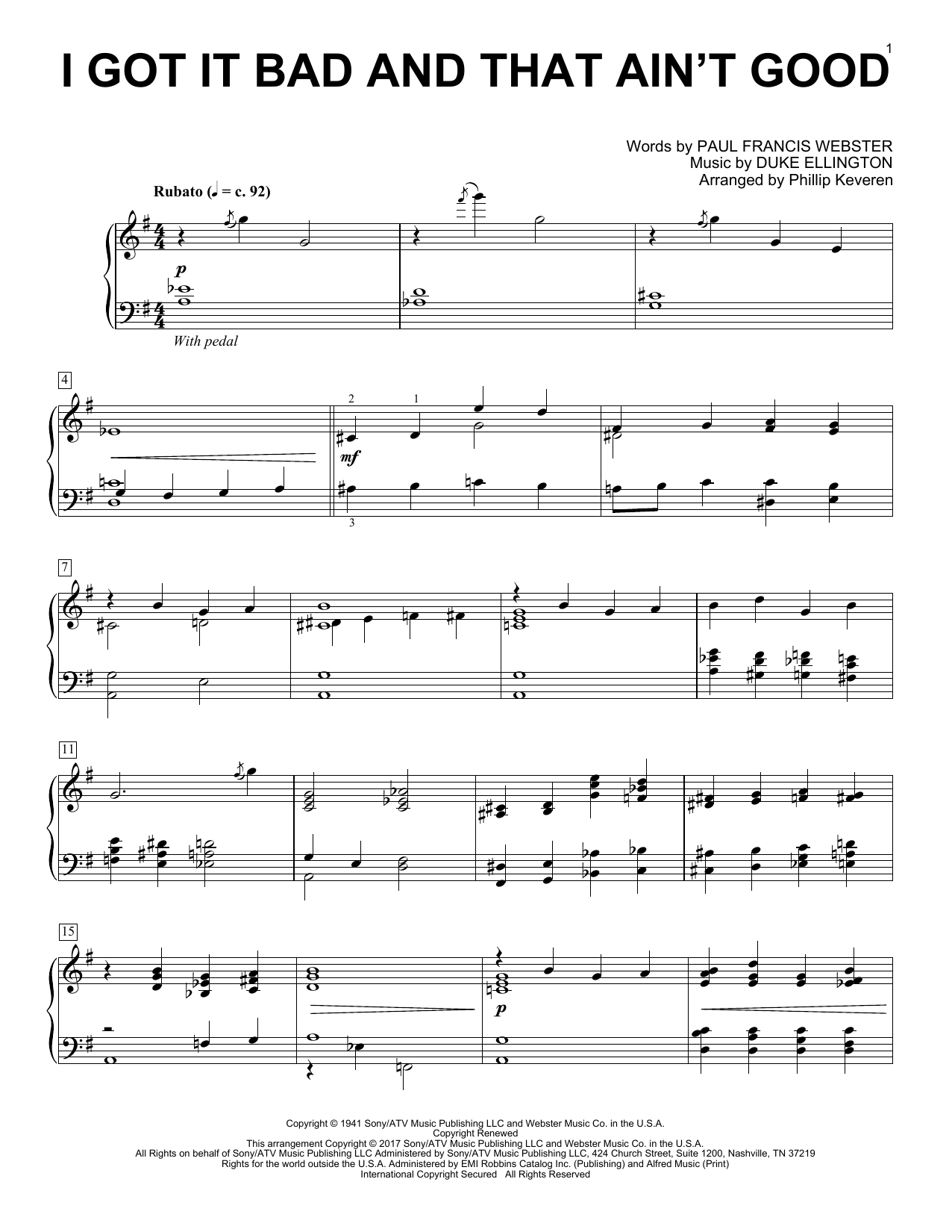 Learn to play Duke Ellington I Got It Bad And That Ain't Good (arr. Phillip Keveren) sheet music for Easy Piano in minutes. Price: 6.9900$ Duke Ellington I Got It Bad And That Ain't Good (arr. Phillip Keveren) sheet music notes and chords arranged for Easy Piano