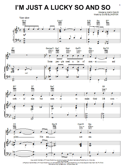 Preview Duke Ellington I'm Just A Lucky So And So Jazz sheet music, notes and chords for Piano, Vocal & Guitar (Right-Hand Melody), SKU: 16774 sheet music, piano notes, chords, guitar tabs, score, transpose, transcribe, how to play, guide, download, learn, tutorial, progression, song, artist, awards, billboard, mtv, vh1, tour, single, album, release