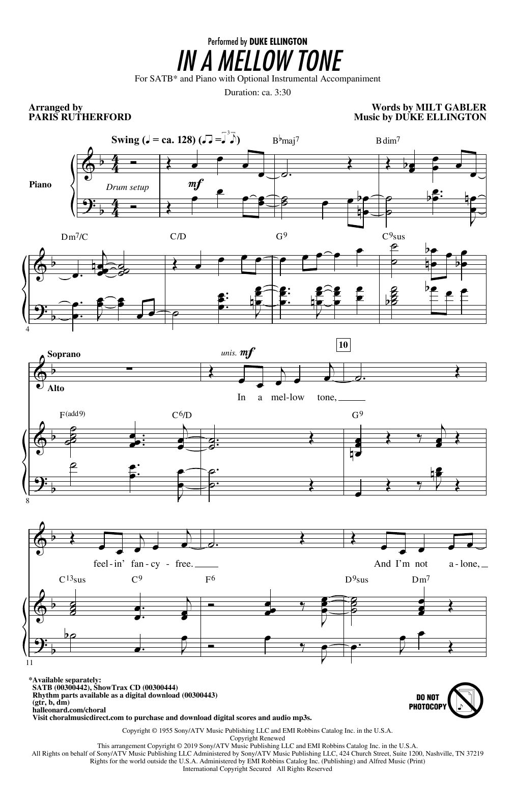 Learn to play Duke Ellington In A Mellow Tone (arr. Paris Rutherford) sheet music for SATB Choir in minutes. Price: 3.9900$ Duke Ellington In A Mellow Tone (arr. Paris Rutherford) sheet music notes and chords arranged for SATB Choir