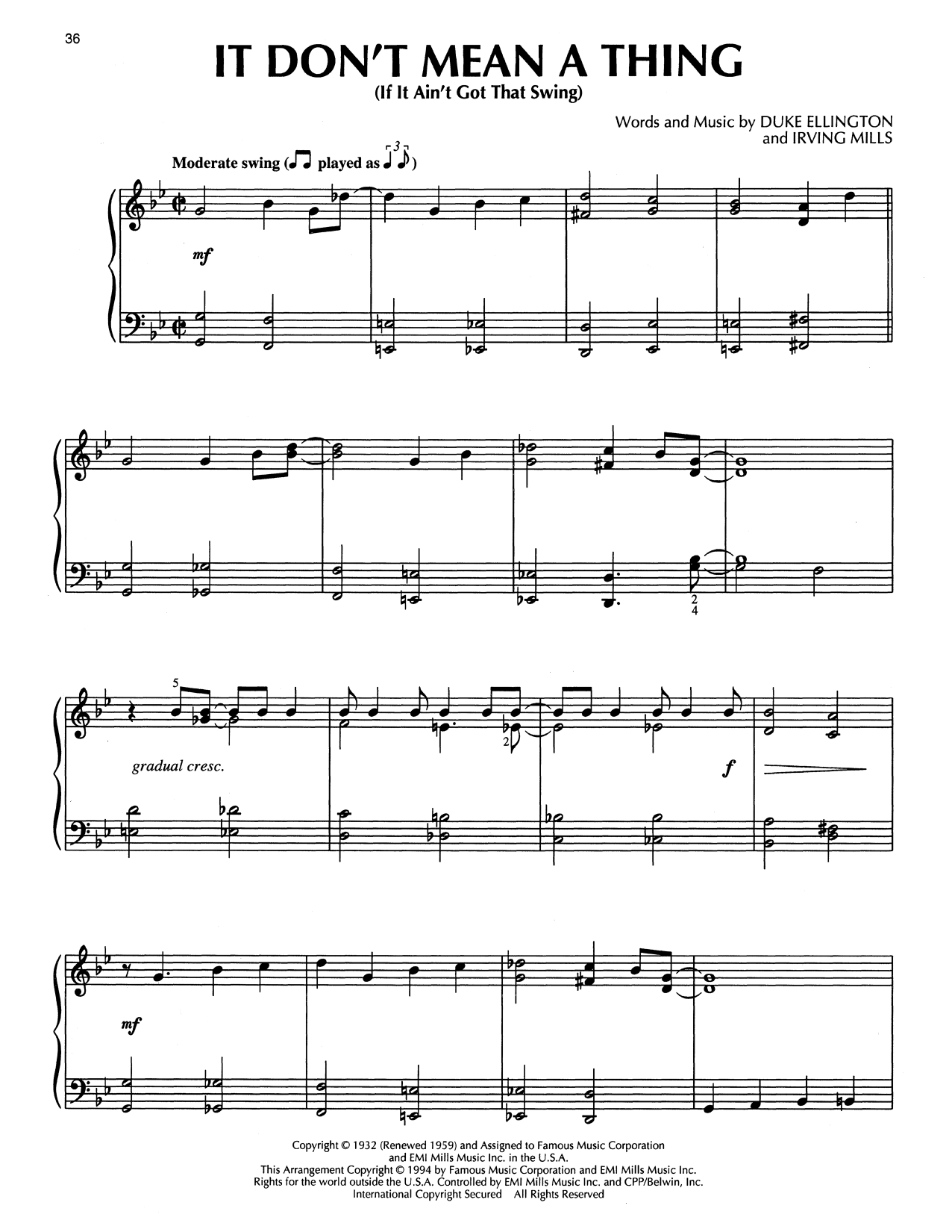 Learn to play Duke Ellington It Don't Mean A Thing (If It Ain't Got That Swing) (arr. Bill Boyd) sheet music for Piano Solo in minutes. Price: 7.8900$ Duke Ellington It Don't Mean A Thing (If It Ain't Got That Swing) (arr. Bill Boyd) sheet music notes and chords arranged for Piano Solo