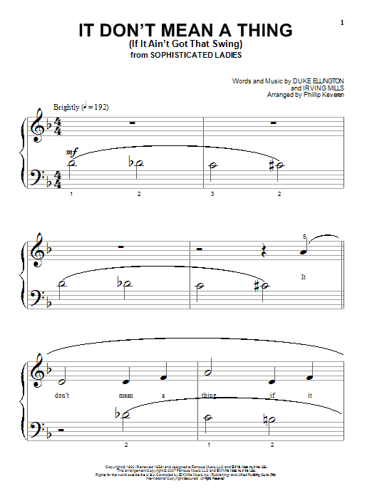 Learn to play Duke Ellington It Don't Mean A Thing (If It Ain't Got That Swing) (arr. Phillip Keveren) sheet music for Easy Piano in minutes. Price: 6.9900$ Duke Ellington It Don't Mean A Thing (If It Ain't Got That Swing) (arr. Phillip Keveren) sheet music notes and chords arranged for Easy Piano