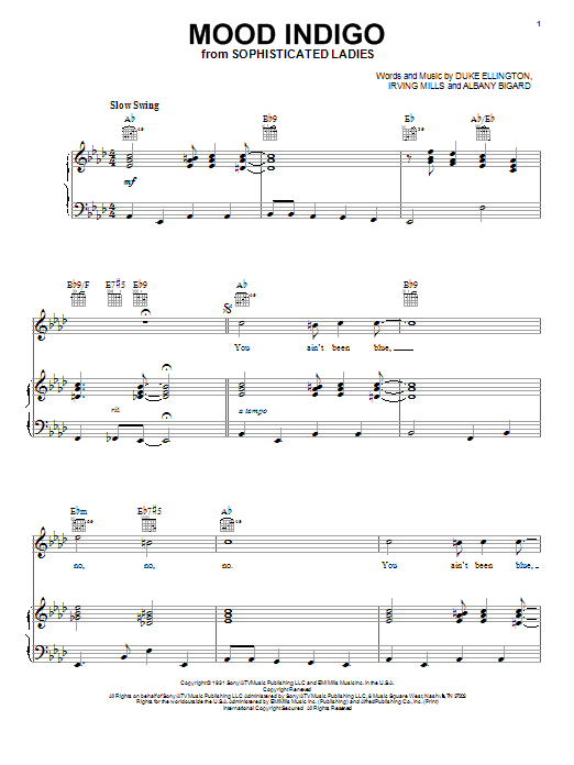 Preview Duke Ellington Mood Indigo Jazz sheet music, notes and chords for Piano, Vocal & Guitar (Right-Hand Melody), SKU: 16409 sheet music, piano notes, chords, guitar tabs, score, transpose, transcribe, how to play, guide, download, learn, tutorial, progression, song, artist, awards, billboard, mtv, vh1, tour, single, album, release