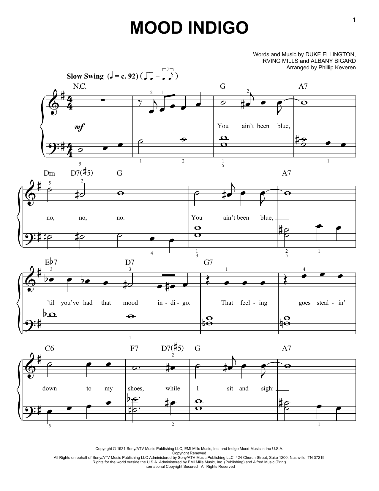 Learn to play Duke Ellington Mood Indigo (arr. Phillip Keveren) sheet music for Easy Piano in minutes. Price: 6.9900$ Duke Ellington Mood Indigo (arr. Phillip Keveren) sheet music notes and chords arranged for Easy Piano