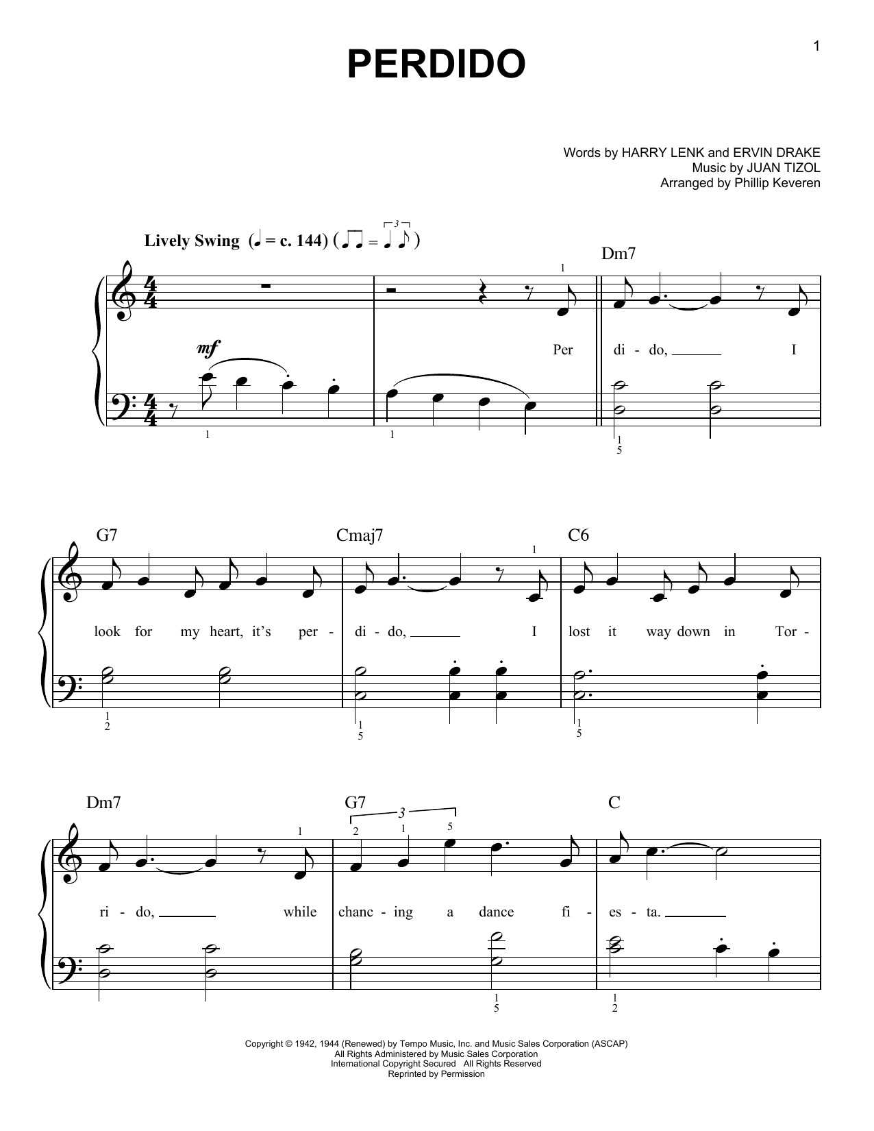 Learn to play Duke Ellington Perdido (arr. Phillip Keveren) sheet music for Easy Piano in minutes. Price: 6.9900$ Duke Ellington Perdido (arr. Phillip Keveren) sheet music notes and chords arranged for Easy Piano