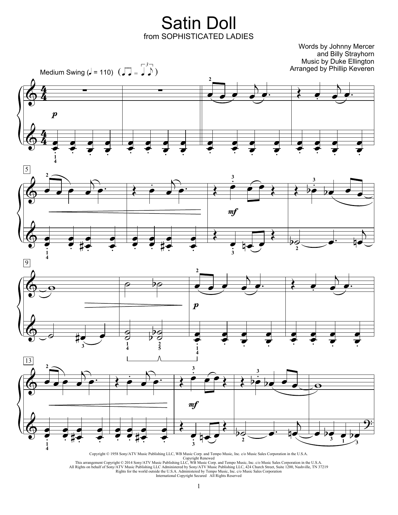 Learn to play Duke Ellington Satin Doll (arr. Phillip Keveren) sheet music for Easy Piano in minutes. Price: 6.9900$ Duke Ellington Satin Doll (arr. Phillip Keveren) sheet music notes and chords arranged for Easy Piano