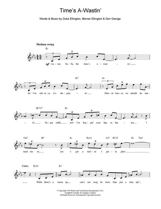 Learn to play Duke Ellington Time's A Wastin' sheet music for Lead Sheet / Fake Book in minutes. Duke Ellington Time's A Wastin' sheet music notes and chords. Download Printable PDF.