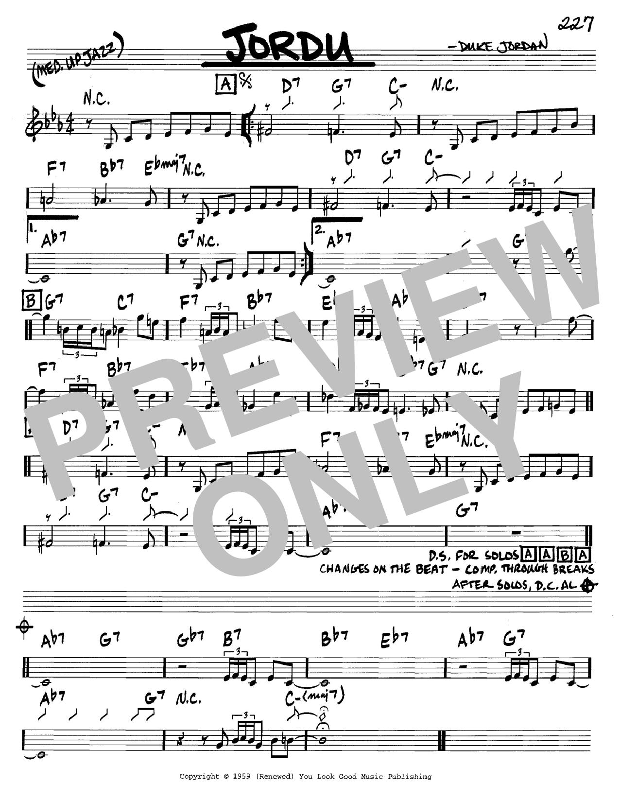 Learn to play Duke Jordan Jordu sheet music for Real Book – Melody & Chords – Bass Clef Instruments in minutes. Duke Jordan Jordu sheet music notes and chords. Download Printable PDF.