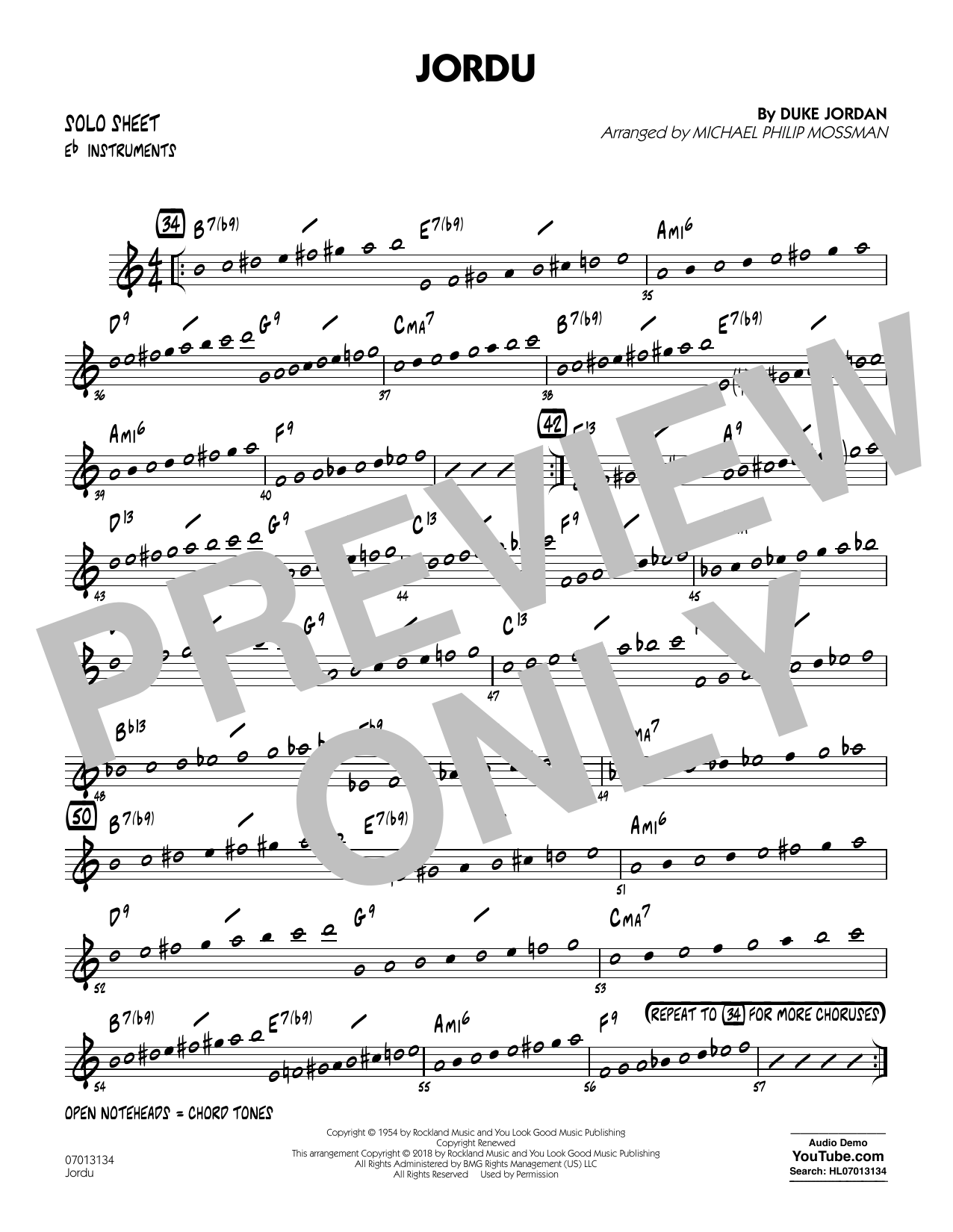 Learn to play Duke Jordan Jordu (arr. Michael Mossman) - Eb Solo Sheet sheet music for Jazz Ensemble in minutes. Duke Jordan Jordu (arr. Michael Mossman) - Eb Solo Sheet sheet music notes and chords. Download Printable PDF.