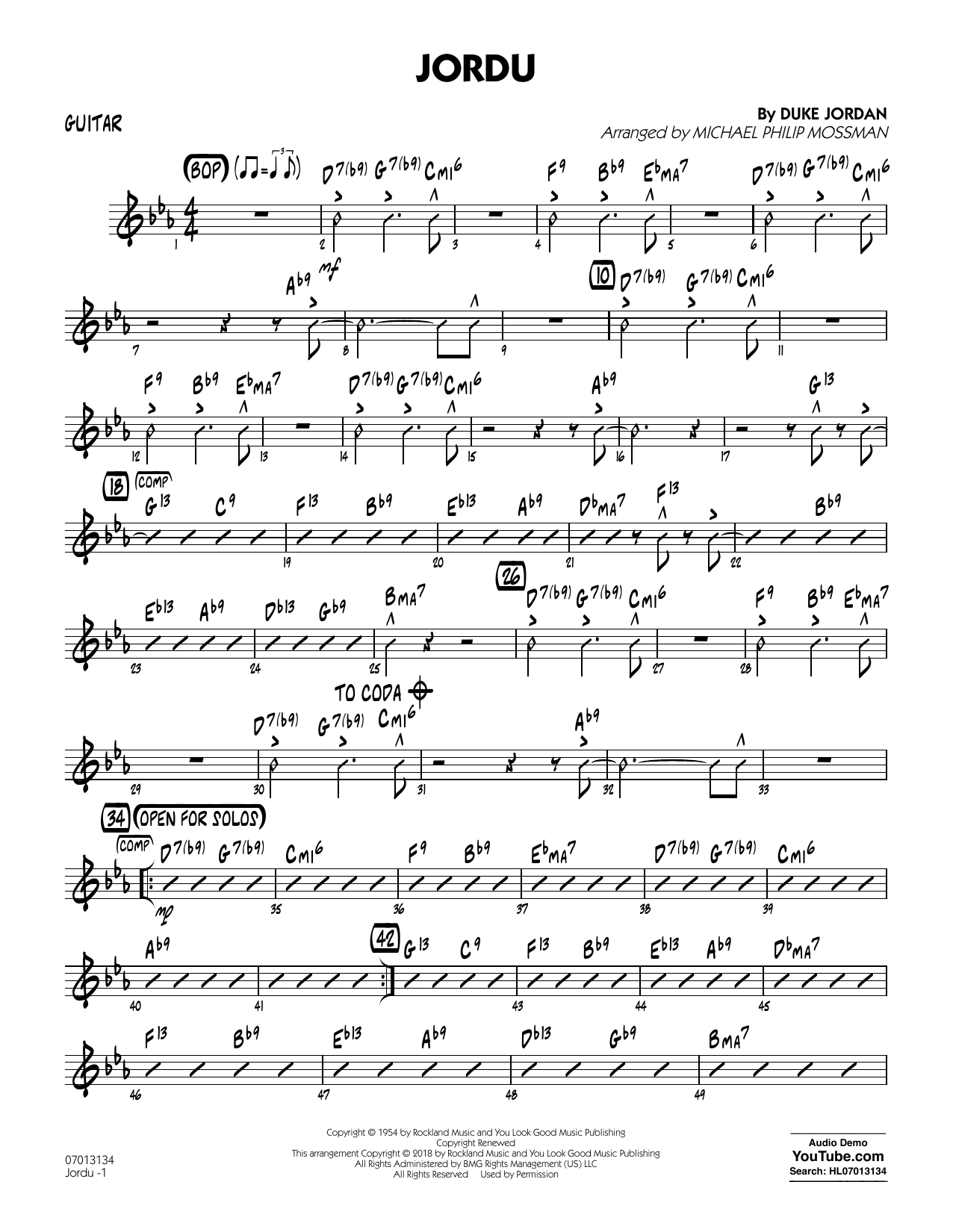 Learn to play Duke Jordan Jordu (arr. Michael Mossman) - Guitar sheet music for Jazz Ensemble in minutes. Duke Jordan Jordu (arr. Michael Mossman) - Guitar sheet music notes and chords. Download Printable PDF.