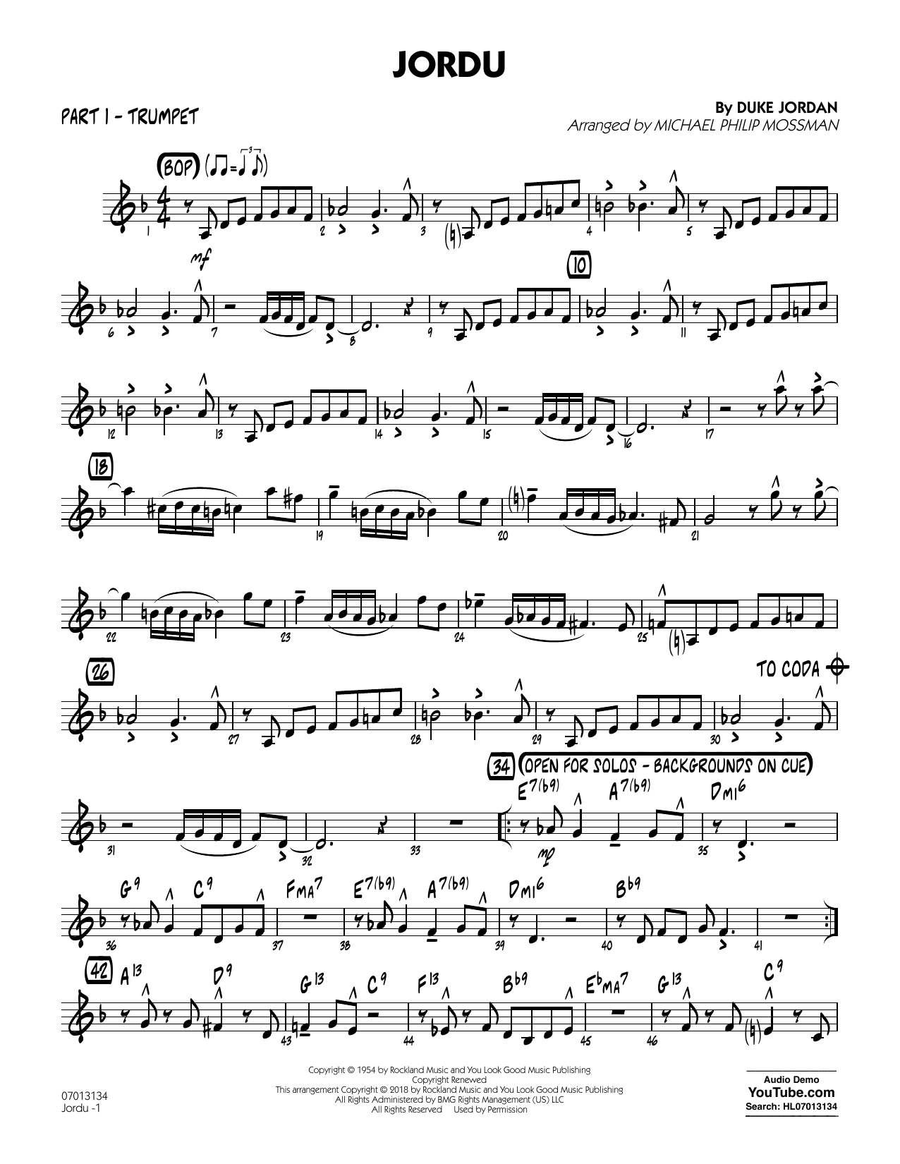 Learn to play Duke Jordan Jordu (arr. Michael Mossman) - Part 1 - Trumpet sheet music for Jazz Ensemble in minutes. Duke Jordan Jordu (arr. Michael Mossman) - Part 1 - Trumpet sheet music notes and chords. Download Printable PDF.