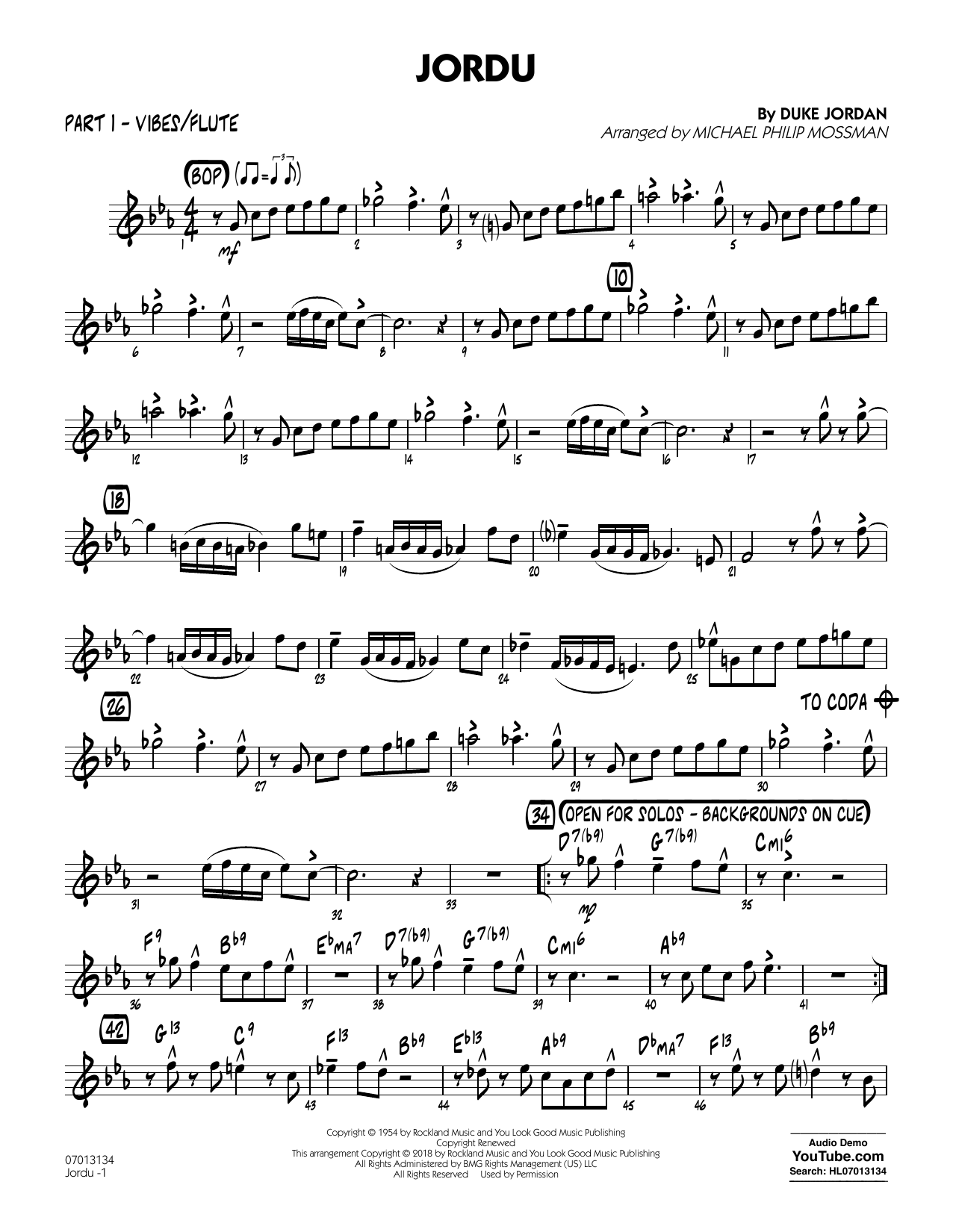 Learn to play Duke Jordan Jordu (arr. Michael Mossman) - Part 1 - Vibes/Flute sheet music for Jazz Ensemble in minutes. Duke Jordan Jordu (arr. Michael Mossman) - Part 1 - Vibes/Flute sheet music notes and chords. Download Printable PDF.