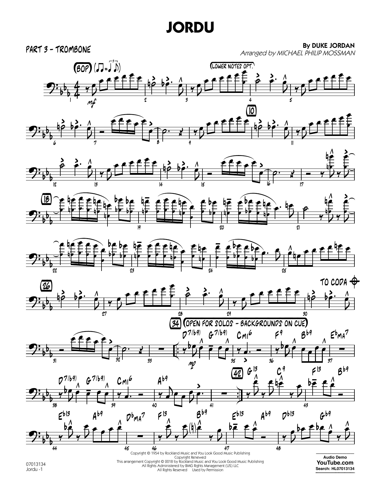 Learn to play Duke Jordan Jordu (arr. Michael Mossman) - Part 3 - Trombone sheet music for Jazz Ensemble in minutes. Duke Jordan Jordu (arr. Michael Mossman) - Part 3 - Trombone sheet music notes and chords. Download Printable PDF.