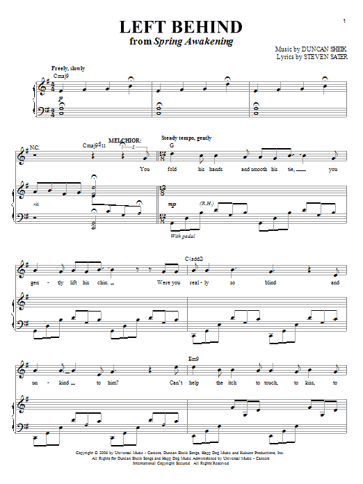 Duncan Sheik Left Behind sheet music notes and chords. Download Printable PDF.