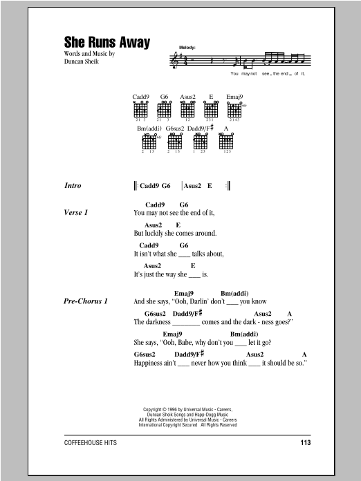 Duncan Sheik She Runs Away sheet music notes and chords. Download Printable PDF.