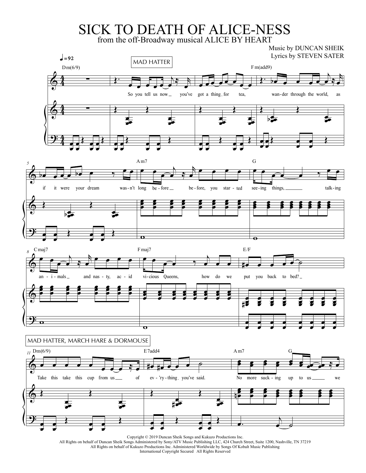 Duncan Sheik And Steven Sater Sick To Death Of Alice Ness From Alice By Heart Sheet Music Pdf Notes Chords Musical Show Score Piano Vocal Download Printable Sku 425520
