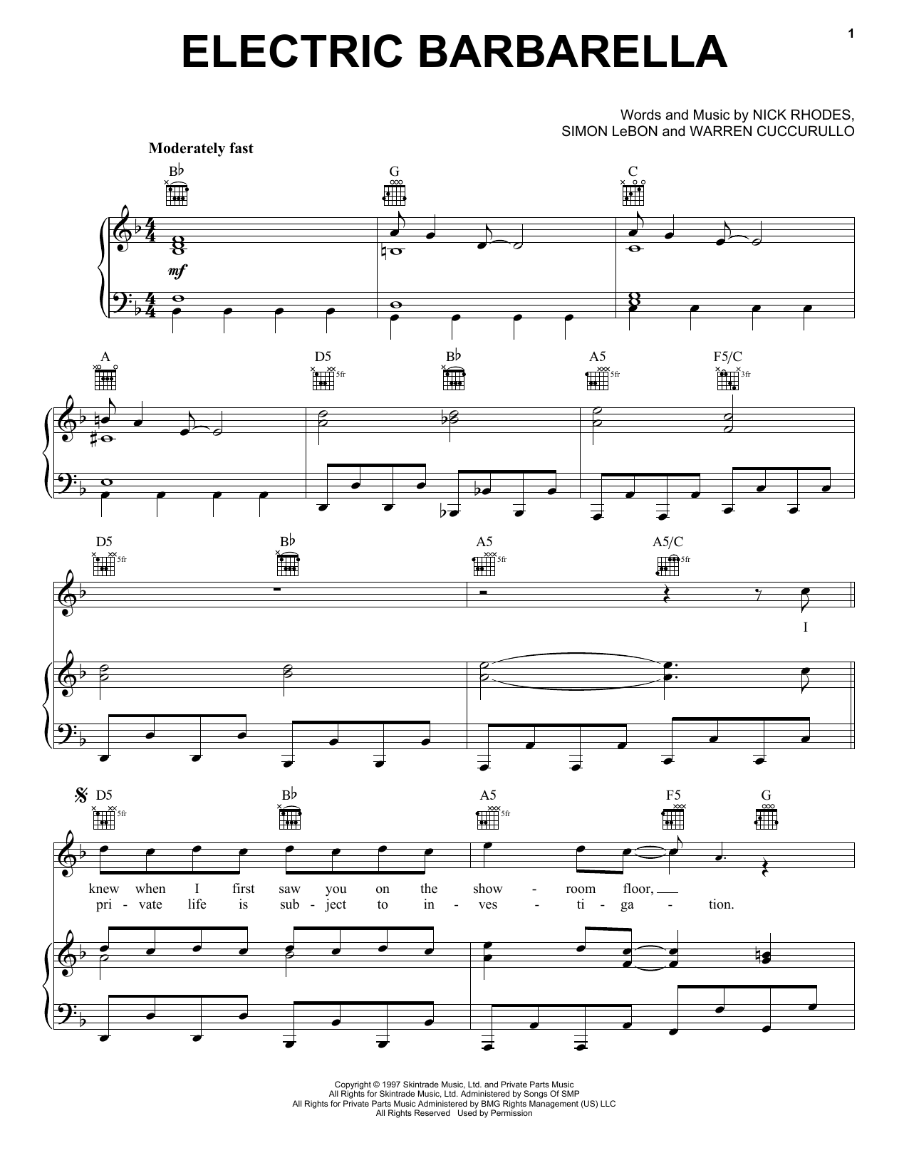 Duran Duran Electric Barbarella Sheet Music Pdf Notes Chords Pop Score Piano Vocal Guitar Right Hand Melody Download Printable Sku 165030