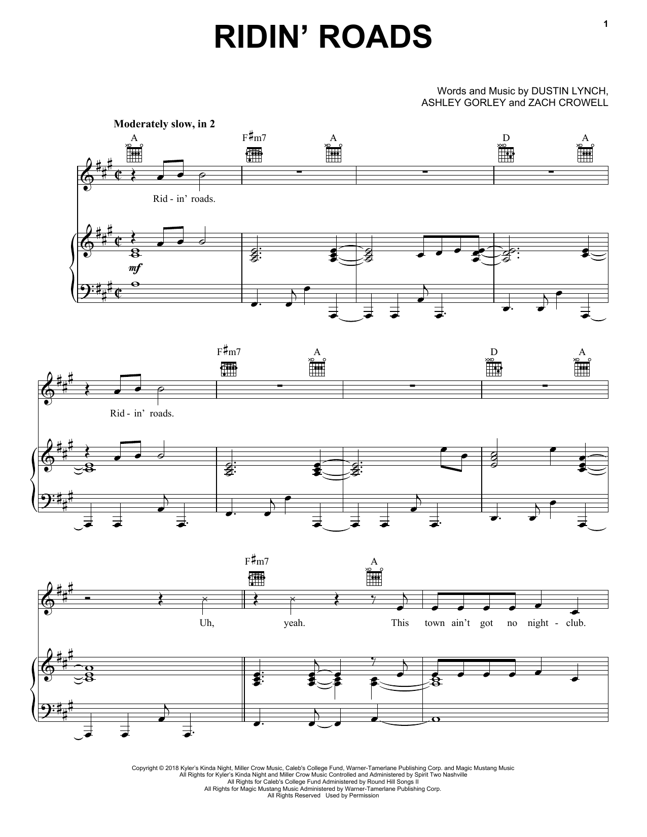 Dustin Lynch Ridin' Roads sheet music notes and chords. Download Printable PDF.