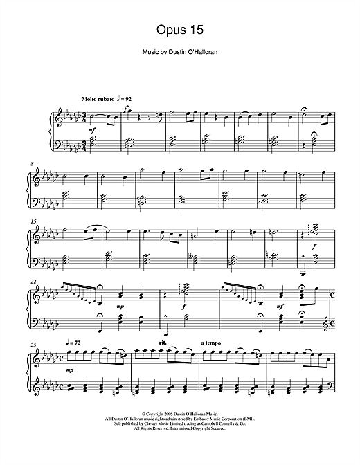 Learn to play Dustin O'Halloran Opus 15 sheet music for Piano Solo in minutes. Dustin O'Halloran Opus 15 sheet music notes and chords. Download Printable PDF.