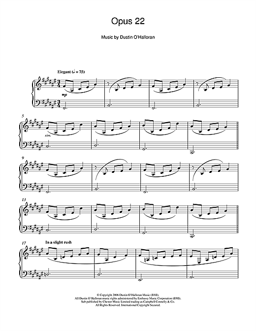 Learn to play Dustin O'Halloran Opus 22 sheet music for Piano Solo in minutes. Dustin O'Halloran Opus 22 sheet music notes and chords