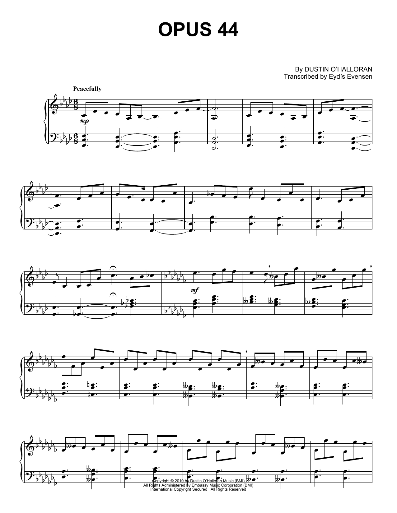 Learn to play Dustin O'Halloran Opus 44 sheet music for Piano Solo in minutes. Price: 7.8900$ Dustin O'Halloran Opus 44 sheet music notes and chords arranged for Piano Solo
