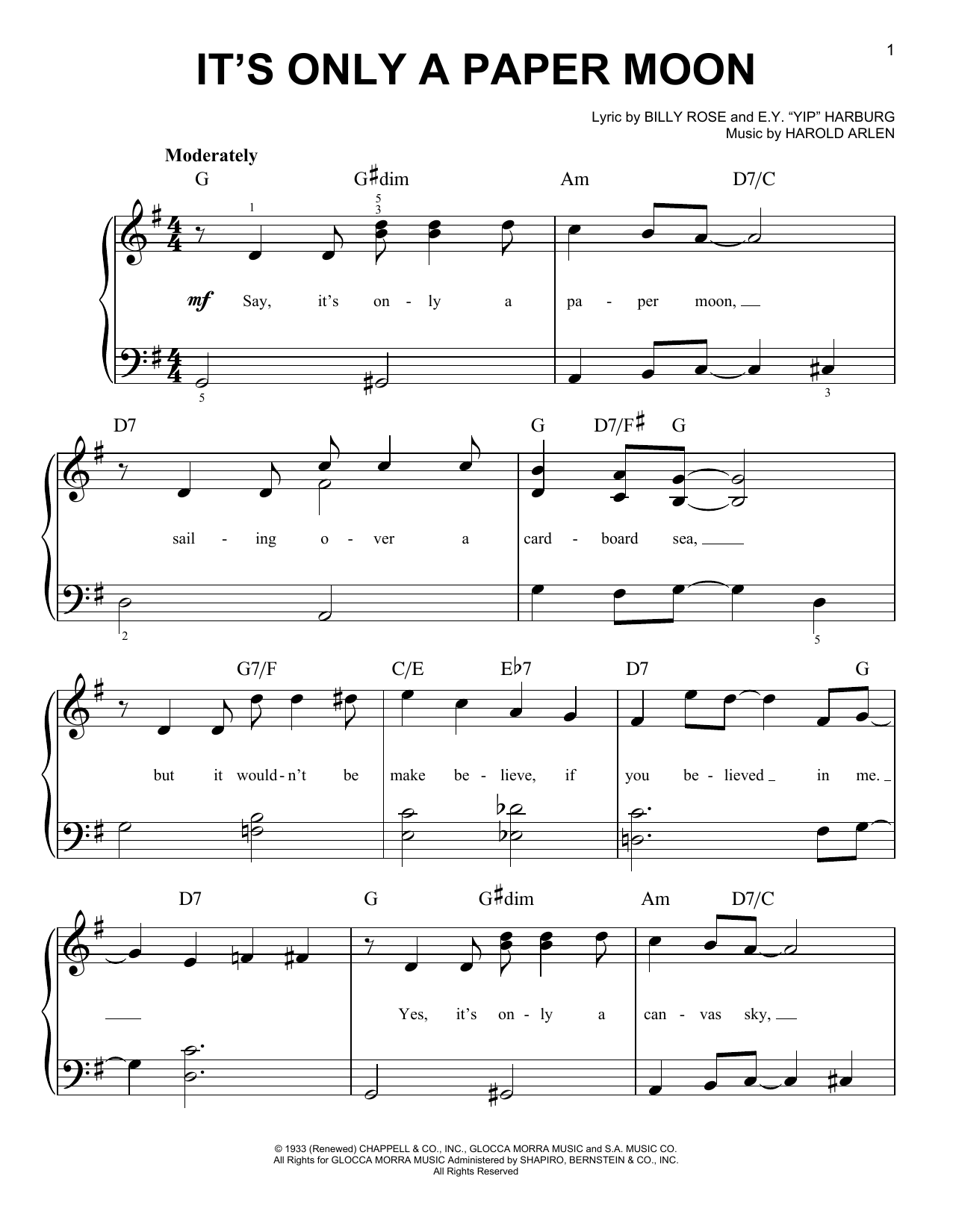 Learn to play E.Y. Harburg It's Only A Paper Moon sheet music for Easy Guitar Tab in minutes. E.Y. Harburg It's Only A Paper Moon sheet music notes and chords. Download Printable PDF.