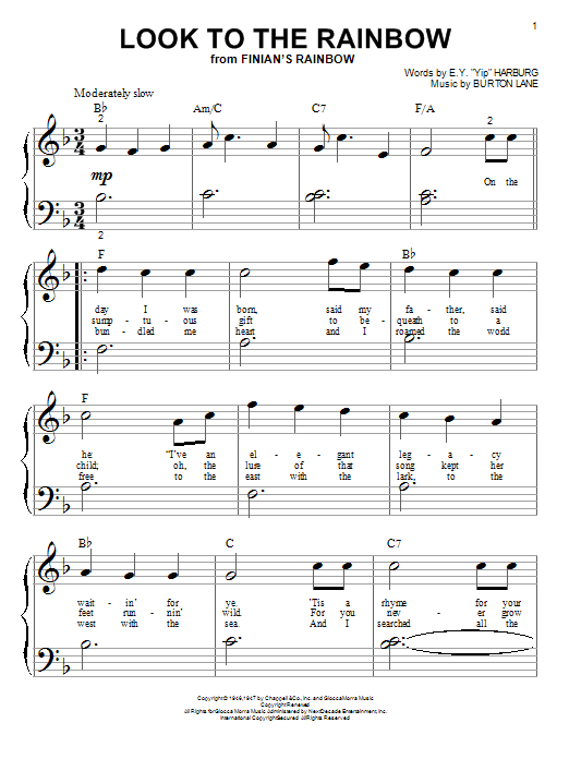 Learn to play E.Y. Harburg Look To The Rainbow sheet music for Big Note Piano in minutes. Price: 6.9900$ E.Y. Harburg Look To The Rainbow sheet music notes and chords arranged for Big Note Piano