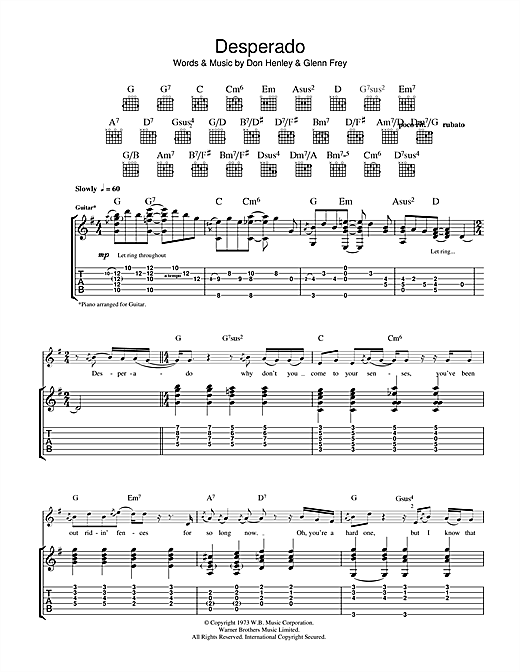 Eagles Desperado Sheet Music Notes, Chords  Download Printable Easy Guitar  Tab PDF Score - SKU: 91234