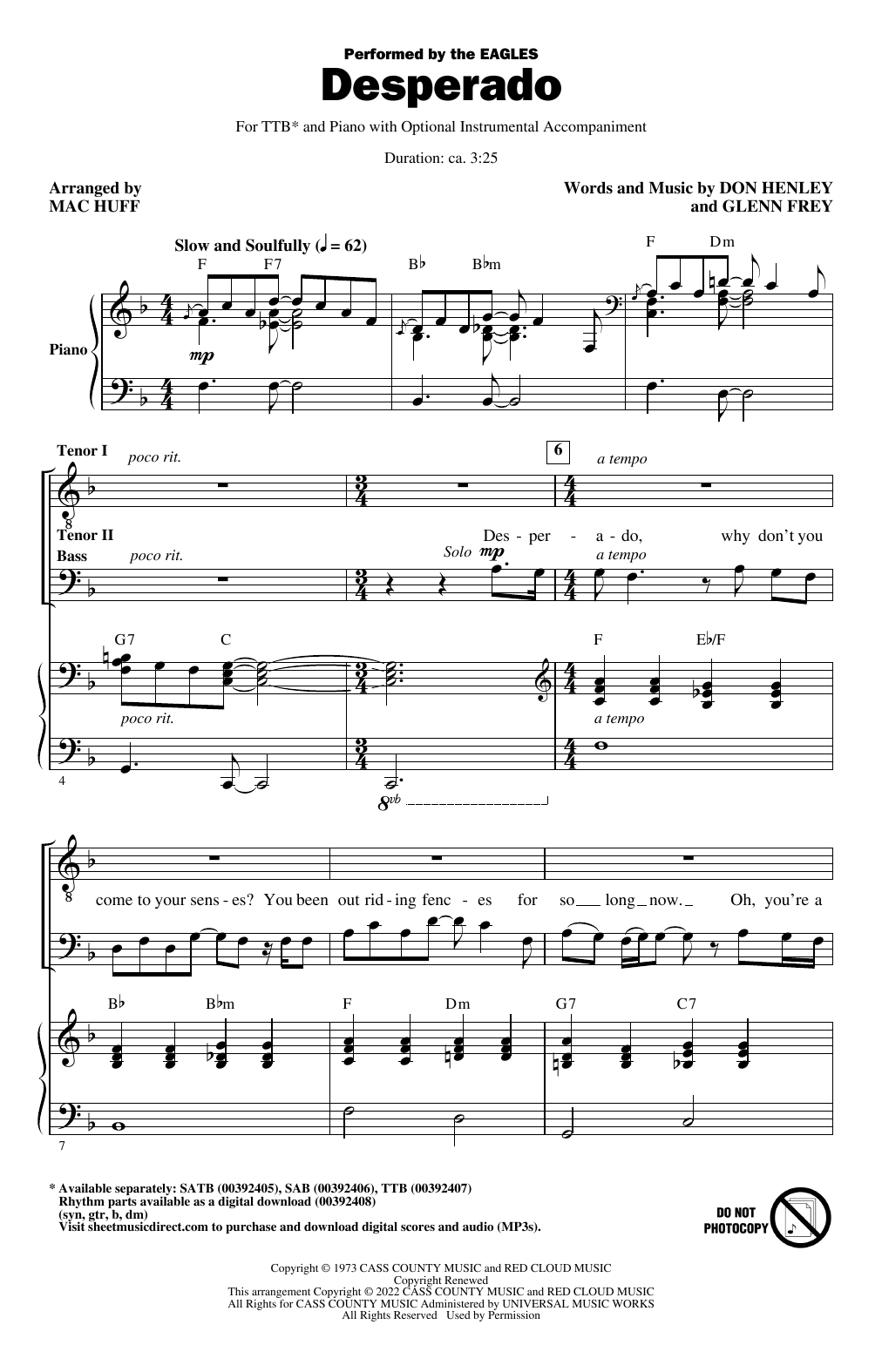 Eagles "Desperado" Sheet Music for SATB Choir Download PDF 1134904