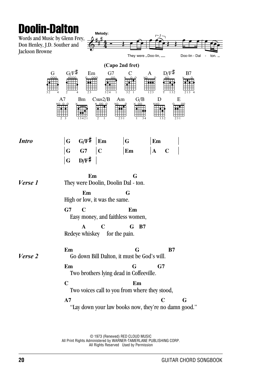 Eagles Doolin-Dalton sheet music notes and chords. Download Printable PDF.