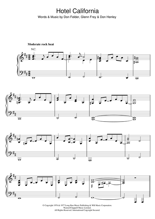 Eagles "Hotel California" Sheet Music PDF Notes, Chords | Pop Score