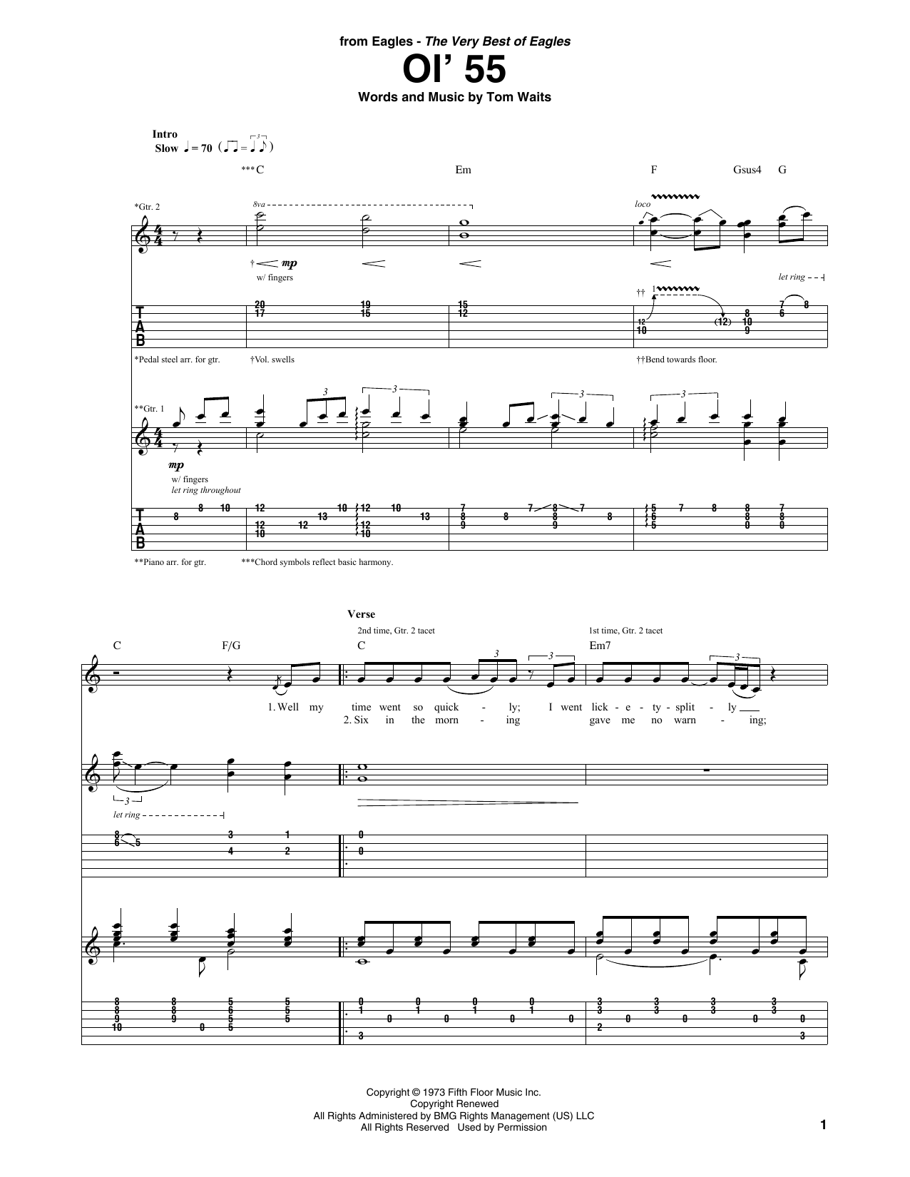 Eagles Ol' 55 sheet music notes and chords. Download Printable PDF.