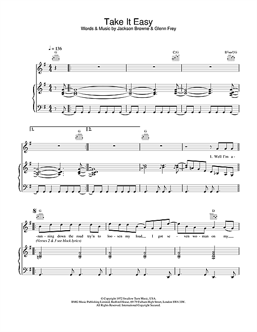 Eagles Take It Easy sheet music notes and chords. Download Printable PDF.